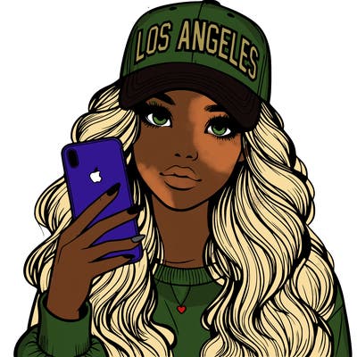 realistic beautiful girl wearing los ángeles cap holding an iphone