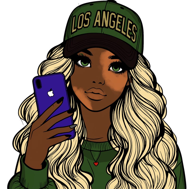 realistic beautiful girl wearing los ángeles cap holding an iphone