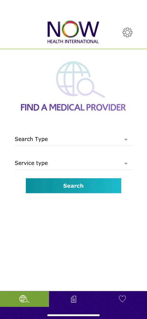 Search screen for finding medical providers within the Now Health International app