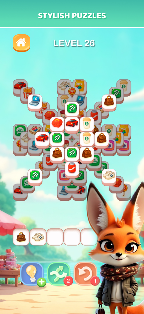 Fun 3 Tile Match offline game - Gameplay screenshot of Fun 3 Tile Match showing a puzzle board with 3D lifestyle object tiles and a cute fox character