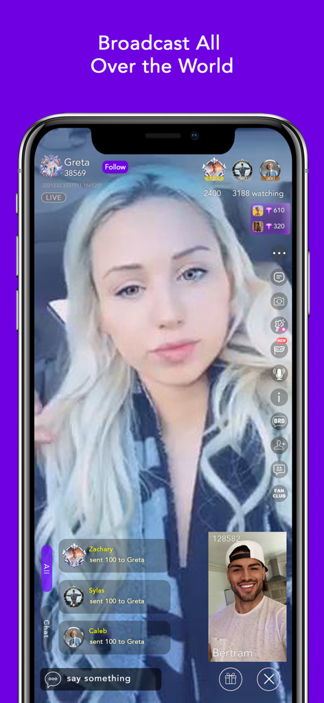 A female broadcaster hosting a live video stream on the Coco app with a male guest in a split screen view.