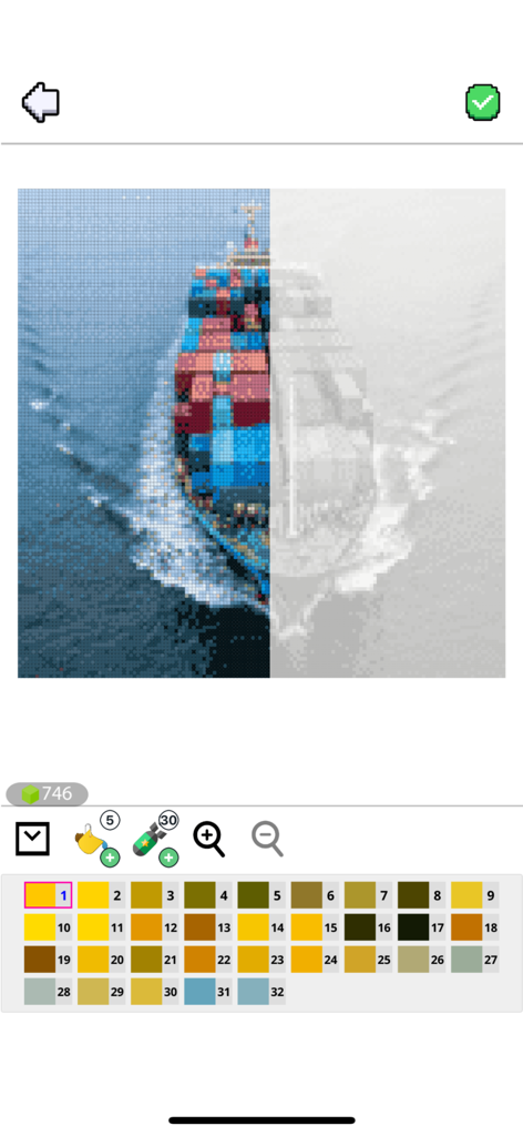 Cross Stitch Color by Number - A digital cross stitch interface showing a cargo ship being colored by number with a palette below