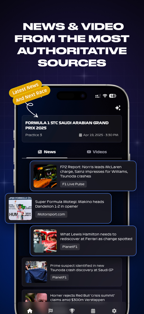Formula Live Pulse - Formula Live Pulse app news feed displaying racing articles and upcoming race information