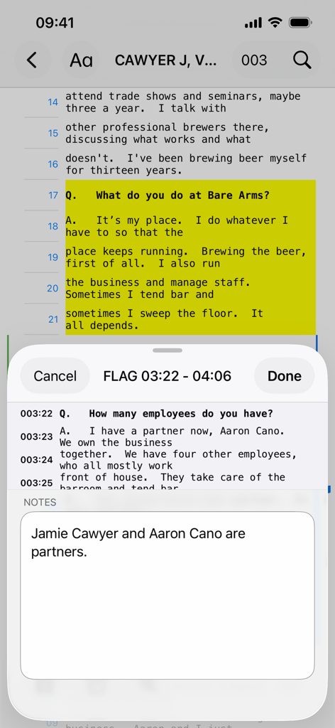 TranscriptPad app interface on iPhone showing highlighted deposition text and a notes section