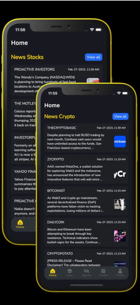 AI Pro Trading Signal - Mobile app screenshots of the AI Pro Trading Signal app displaying stock and cryptocurrency news feeds on a dark interface.