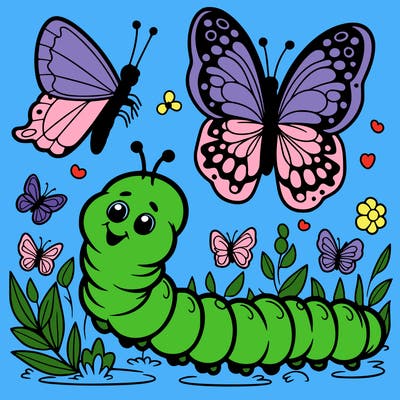 caterpillar alongside butterflies