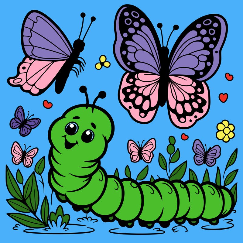 caterpillar alongside butterflies