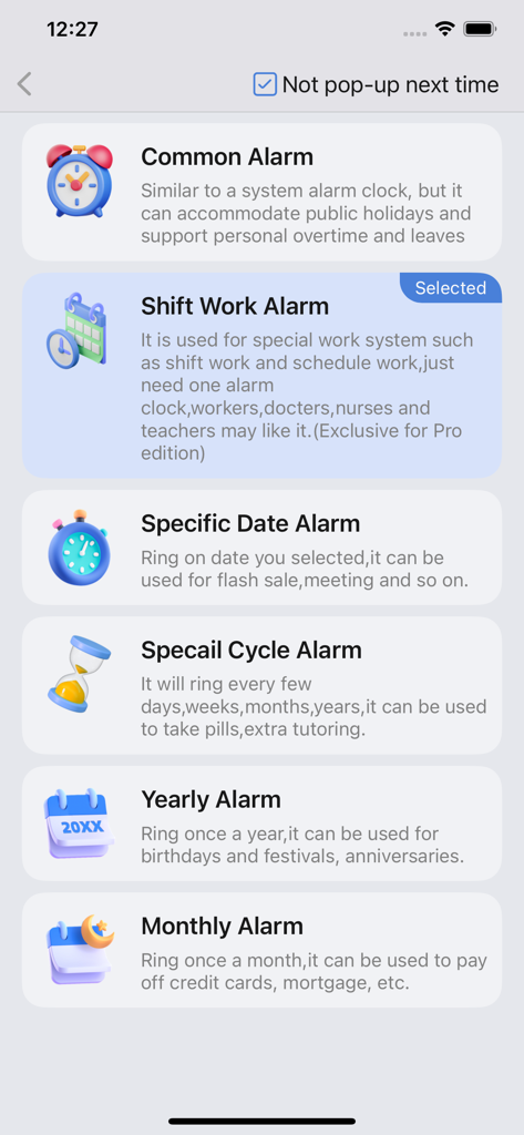 OK Alarm: Holiday & Shift Work - A menu of alarm types in the OK Alarm app including Shift Work, Common, Specific Date, Special Cycle, Yearly, and Monthly alarms.