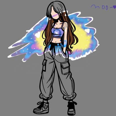 girl in baggy pants crop top and long hair