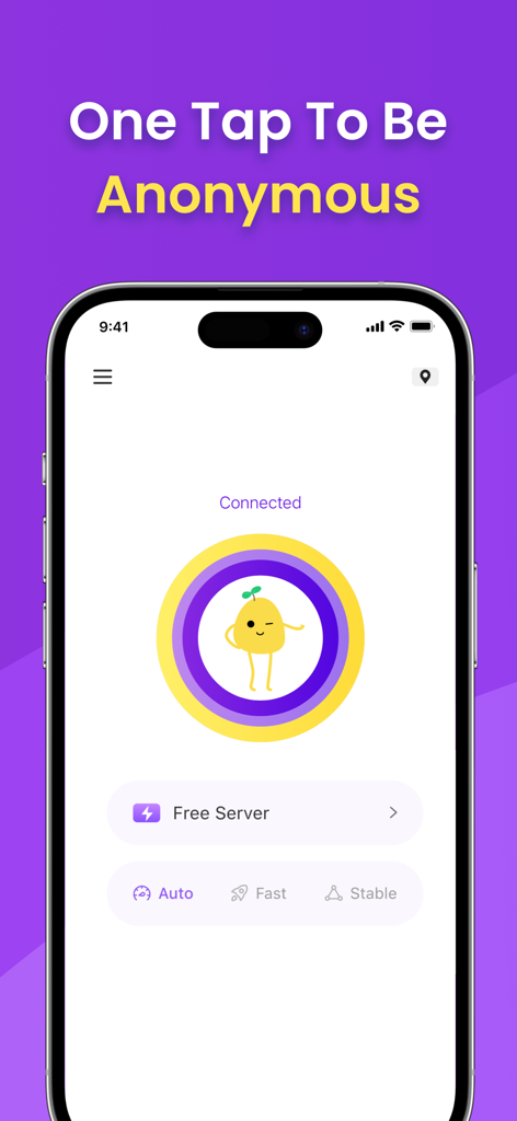 VPN - Free VPN Potato ™ - Interfaccia dell'app mobile PotatoVPN che mostra uno stato di connessione e l'intestazione "Un tocco per essere anonimi"