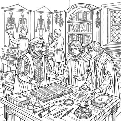 Step back in time and bring to life the groundbreaking work of Renaissance physicians. This detailed coloring page captures a scene of medical discovery and anatomical study.