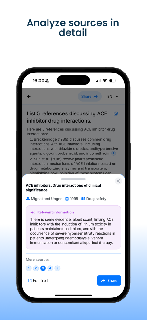 Interfaz de la aplicación MediSearch AI que muestra un análisis detallado de referencias científicas para interacciones farmacológicas.