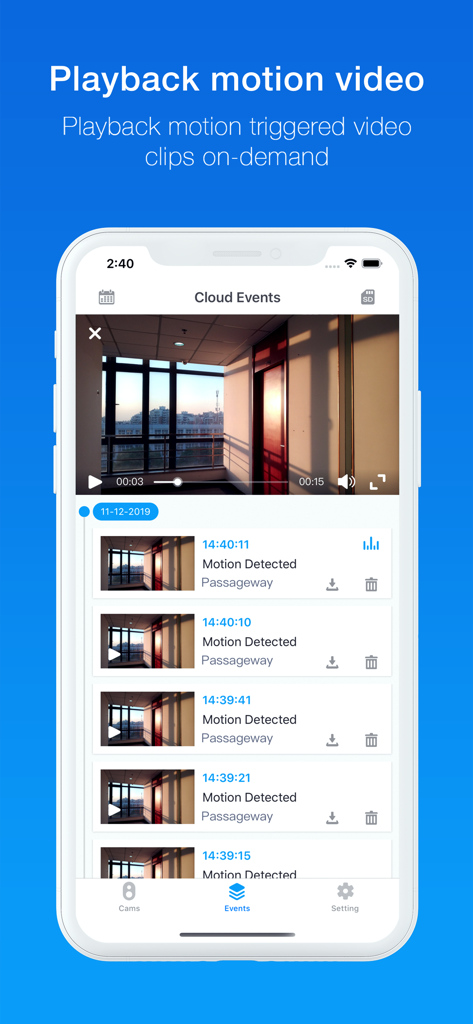 Home Guards - Home Guards app interface showing a list of motion triggered security video clips in the cloud events section