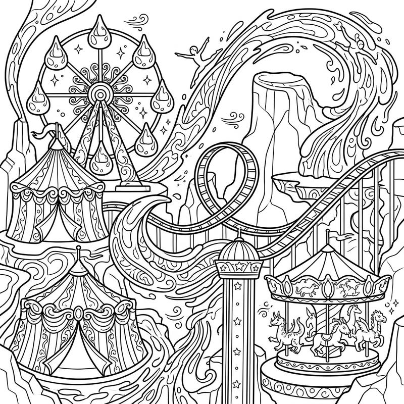 Step into a world where molten rock meets festive fun with this unique Magma Carnival coloring page. Explore intricate details and vibrant possibilities in this one-of-a-kind scene.