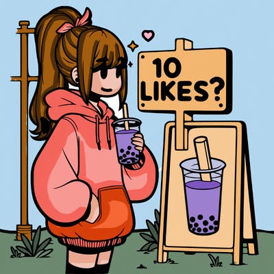 girl with oversized hoodie drinking boba and she has a high ponytail with a sign that says 10likes?