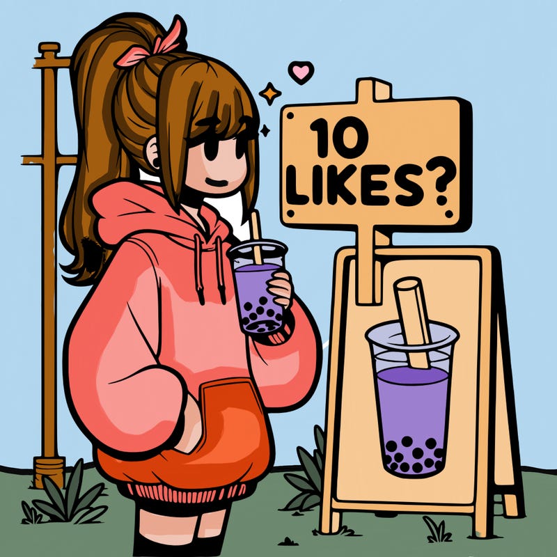 girl with oversized hoodie drinking boba and she has a high ponytail with a sign that says 10likes?