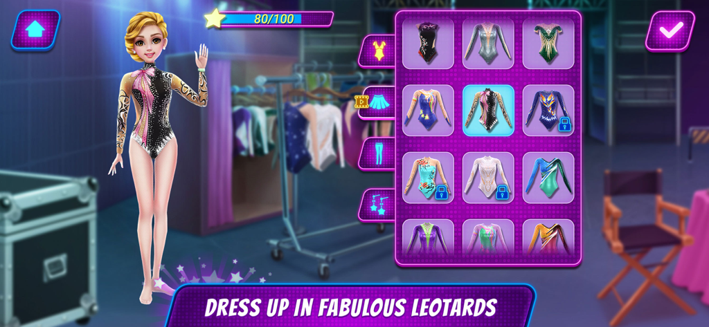 A girl character selecting from a variety of colorful and sparkly gymnastics leotards in Acrobat Star Show
