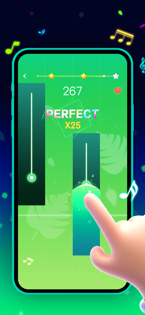 Beat Piano Dance:music game - Gameplay of Beat Piano Dance showing a player tapping green piano tiles to achieve a perfect streak score