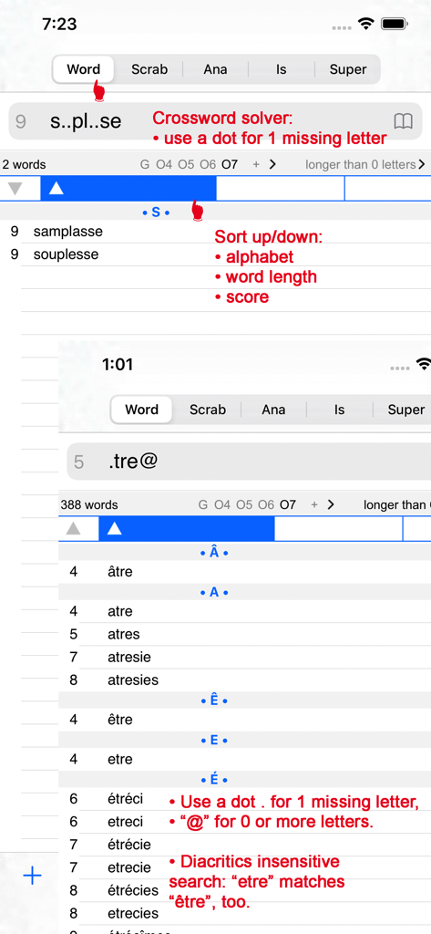 Pantalla de búsqueda de F Words Finder French PRO con instrucciones de comodines y ordenación