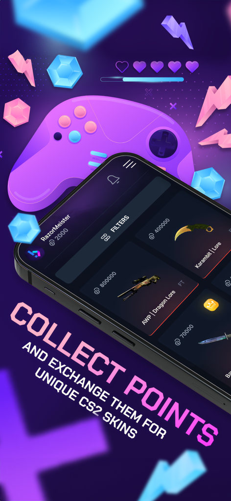 BWGG-CS2: Skins for CS2 - Écran de l'application mobile montrant divers skins CS2 disponibles à l'échange contre des points gagnés