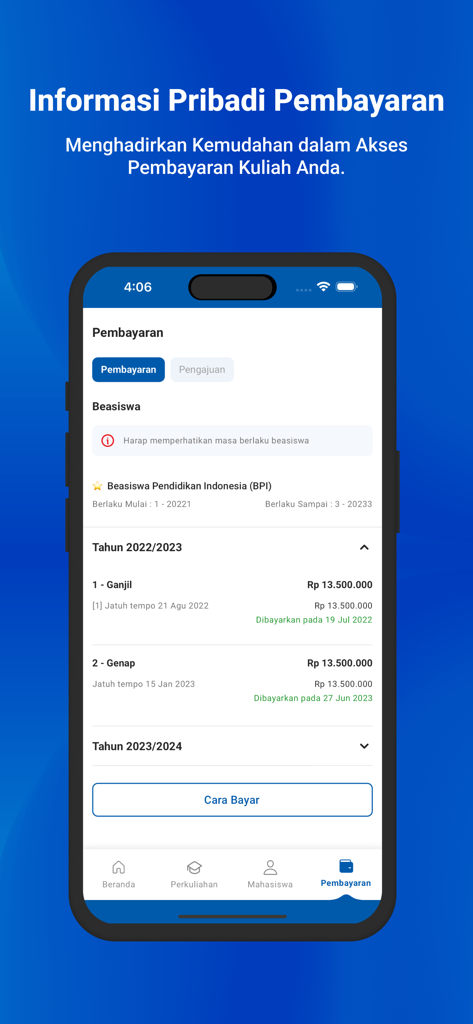 MySIX ITB - MySIX ITB app interface displaying student tuition payment and scholarship information