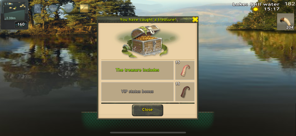 Fishing: World of Fishers - In-game popup showing a treasure chest reward with VIP status bonus items in Fishing World of Fishers