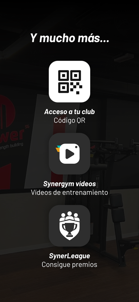 Synergym app interface displaying QR code club access, training videos, and SynerLeague rewards features.