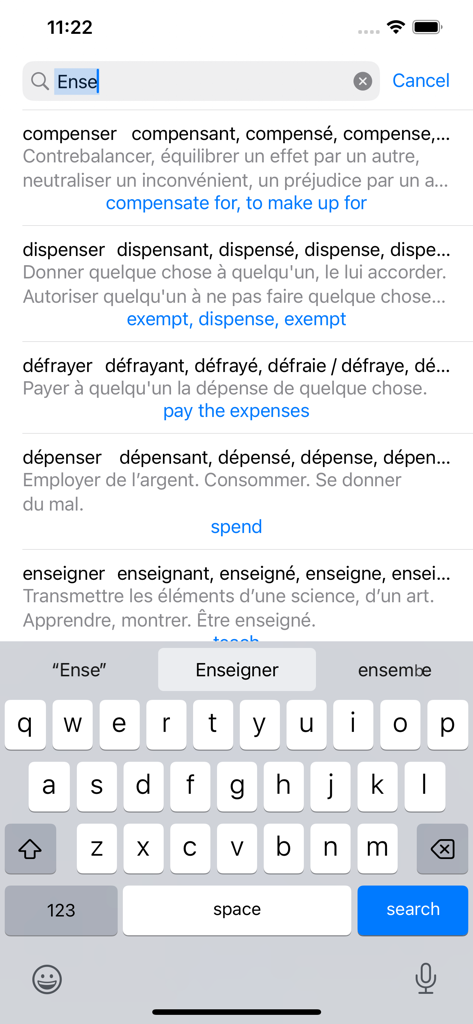 Conjugaison Française - Resultados de búsqueda de verbos franceses con definiciones y traducciones al inglés en la aplicación Conjugaison Francaise