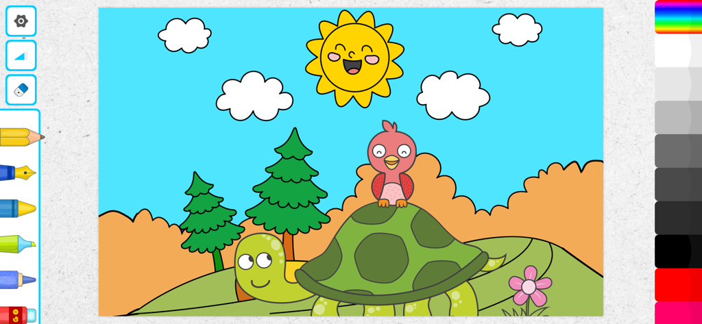 ArtDraw: Sketch & Paint Studio - Kids coloring book interface in ArtDraw app featuring a cute turtle and bird scene.