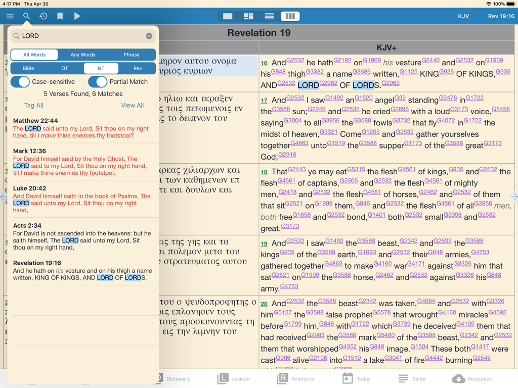 Captura de pantalla de iPad de e-Sword HD mostrando resultados de búsqueda y texto bíblico con números de Strong.