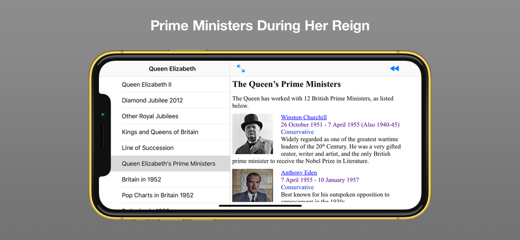 Queen Elizabeth II - Una pantalla de la aplicación Reina Isabel II que muestra una lista de Primeros Ministros británicos con fotos de Winston Churchill y Anthony Eden.