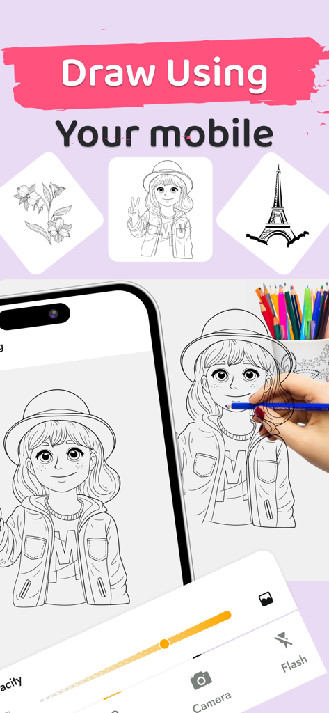AR Drawing: Draw To Trace Art - A person using the AR Drawing app on a mobile phone to trace a cartoon girl illustration onto a piece of paper.