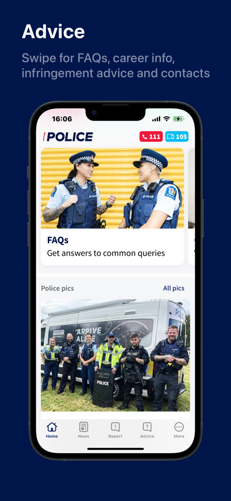 NZ Police app interface showing the advice section with FAQ links and a community police photo gallery
