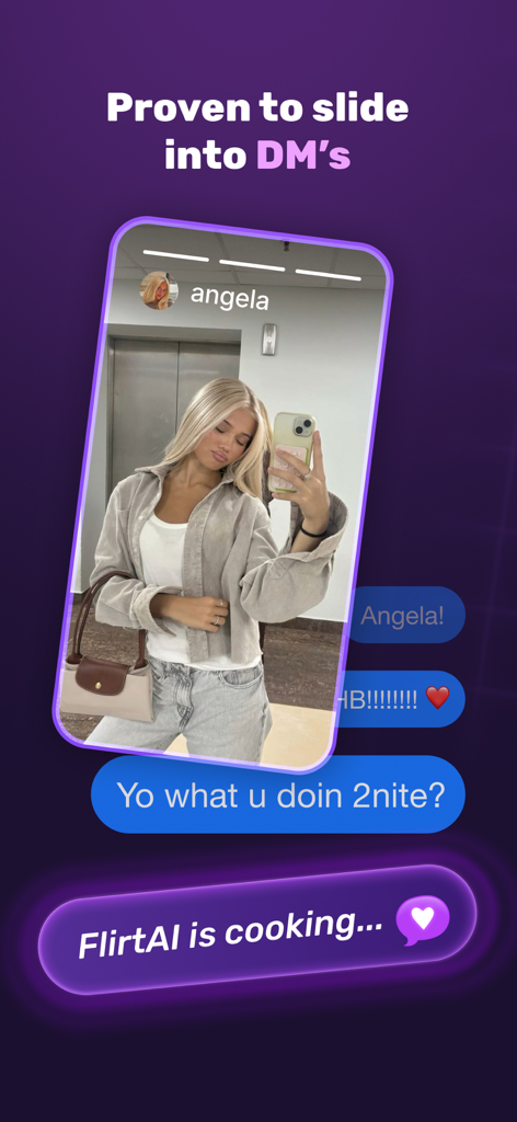 Flirt AI: Texting Assistant - Interface de l'application Flirt AI montrant une réponse automatisée en cours de génération pour un message direct Instagram