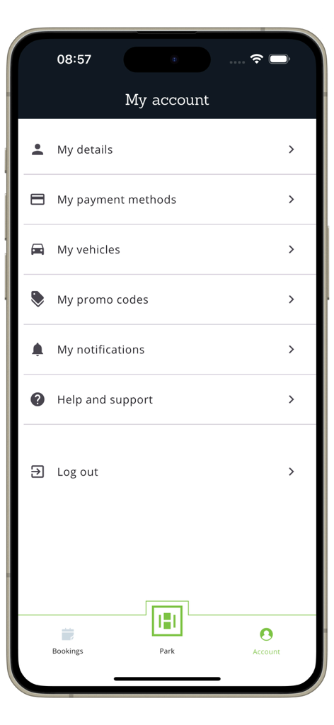 Horizon Spaces - Horizon Spaces app account settings screen showing vehicle and payment management options