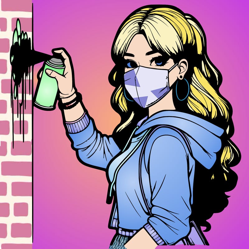 realistic girl with mask spray painting a wall