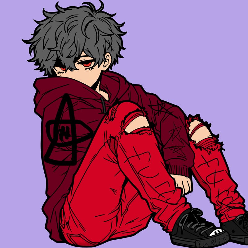 a male hoddie ripped jeans messy hair anime