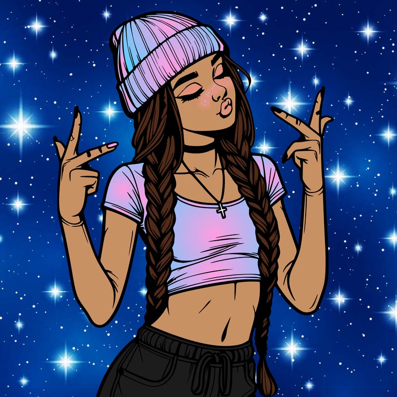 realistic teenage girl with braids and a beanie and crop top doing 🫶🏼
