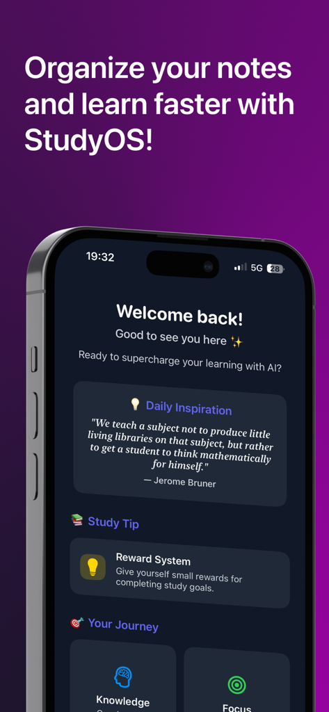 StudyOS: Study with AI - StudyOSアプリのウェルカムダッシュボード。毎日のインスピレーションと学習のヒントが表示されています。