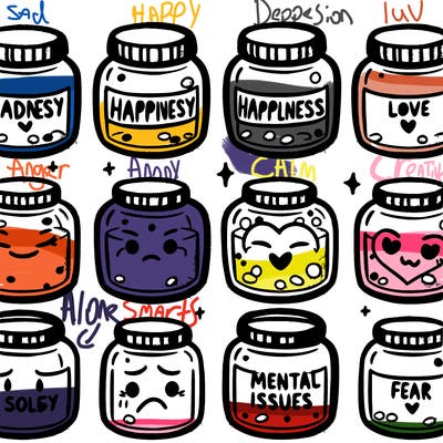 10 jars  medium with feeling lables. feelings are sad,happy,love,anger,jealousy,mental issues,depression,anxiety, scared
