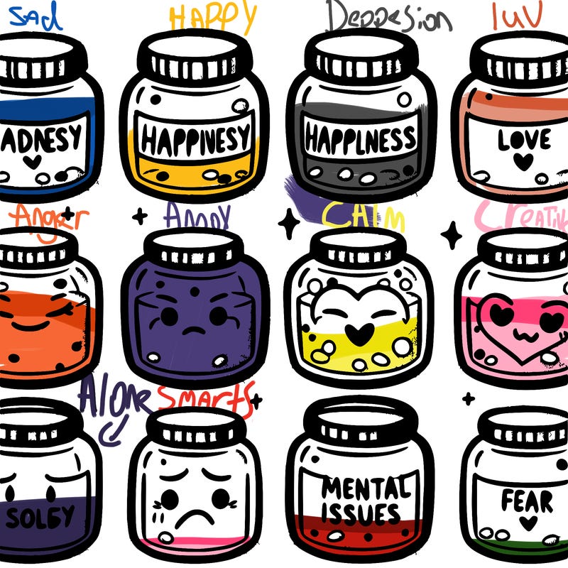 10 jars  medium with feeling lables. feelings are sad,happy,love,anger,jealousy,mental issues,depression,anxiety, scared