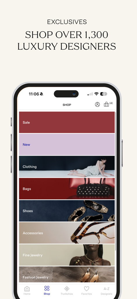 Moda Operandi mobile app interface showing various luxury shopping categories like clothing, bags, and shoes.
