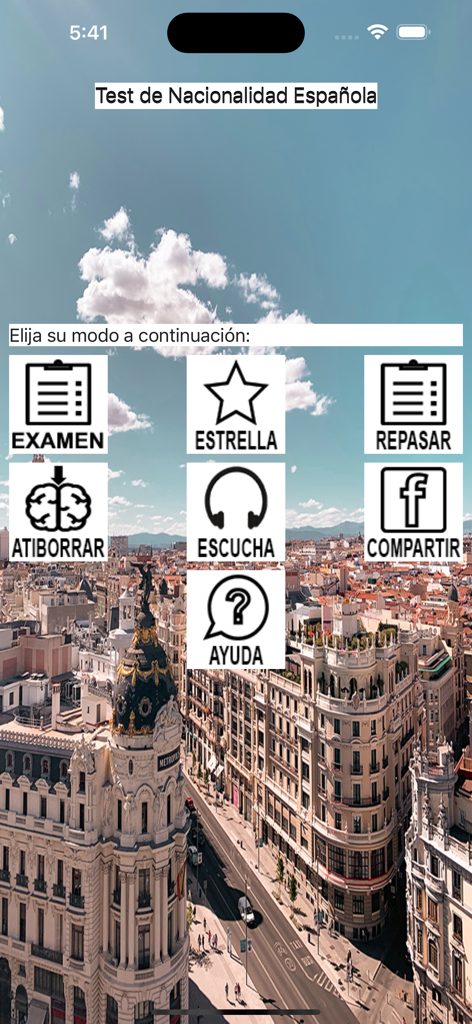 La pantalla del menú principal de la aplicación de preparación para el examen de ciudadanía española que muestra las opciones de estudio.