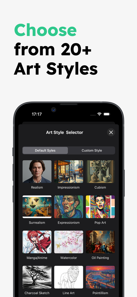 AI Art Generator: Create Art - Art style selector screen showing various artistic filters including anime pop art and oil painting