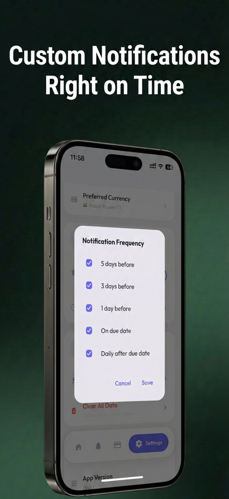 Pay Alert: Bill & Loan Tracker - Custom notification frequency settings in the Pay Alert bill and loan tracker app