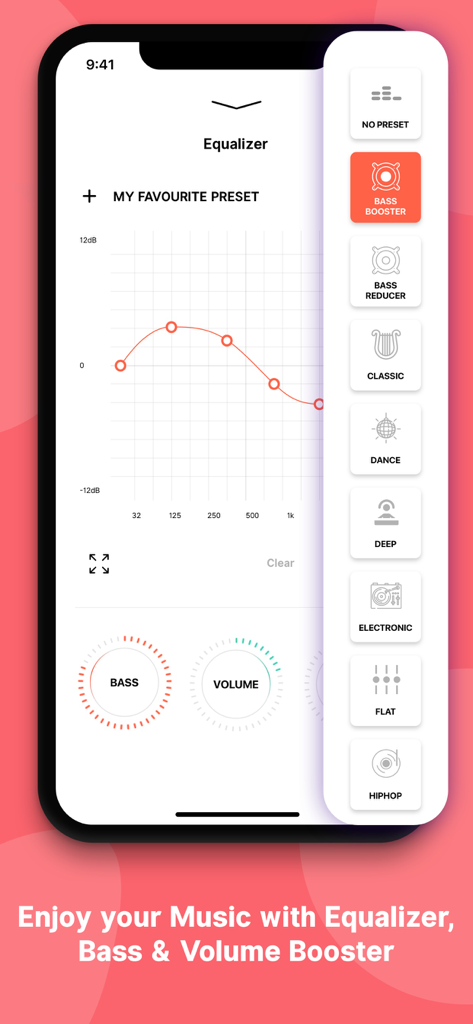 Equalizer+ Music amp & Podcast - Interface of the Equalizer plus app showing a custom frequency graph and a list of audio presets including Bass Booster