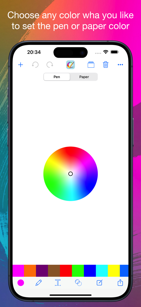 Mobile app interface featuring a color wheel to customize pen and paper colors
