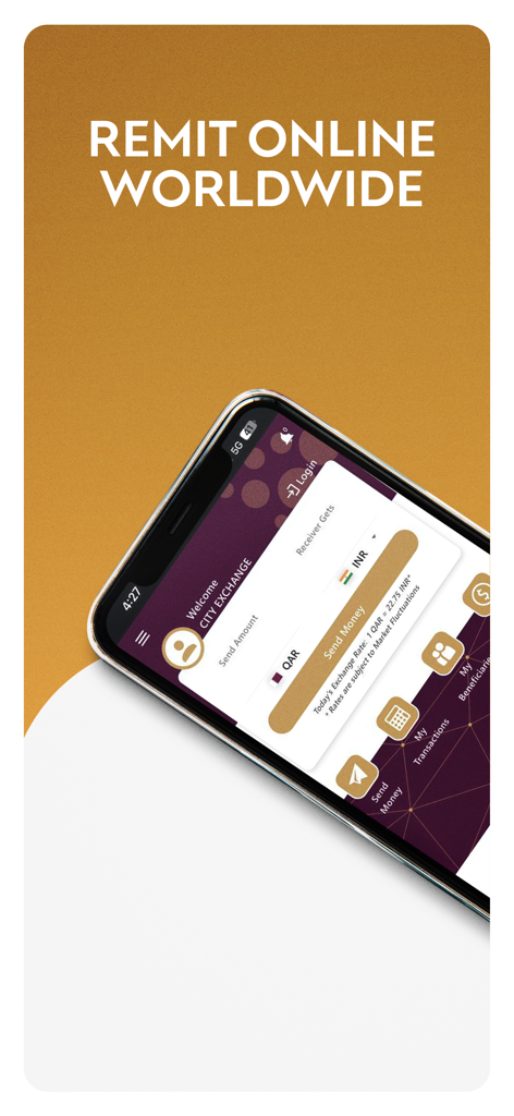 City Exchange Remit Online - Mobile interface of City Exchange Remit Online app displaying exchange rates for worldwide money transfers