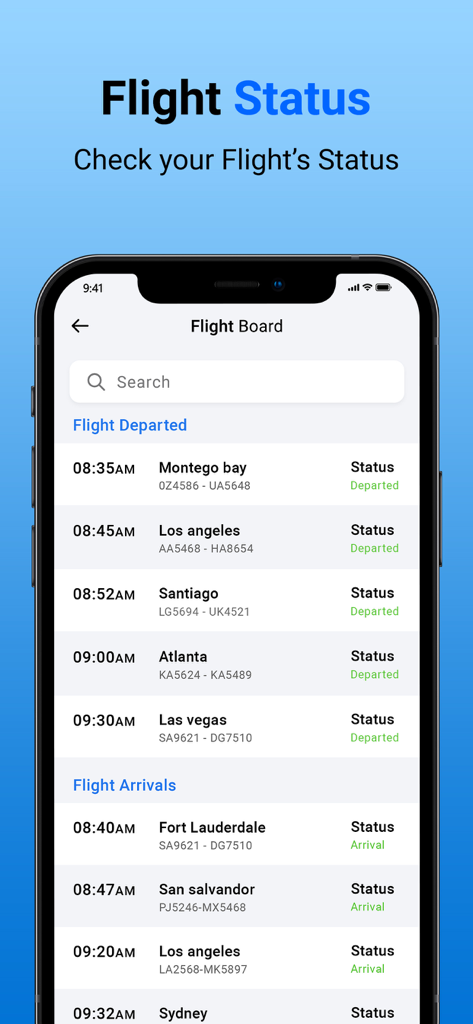 Air Traffic - flight tracker - Captura de pantalla de la aplicación móvil que muestra un tablero de vuelos con actualizaciones de estado en vivo para salidas y llegadas.