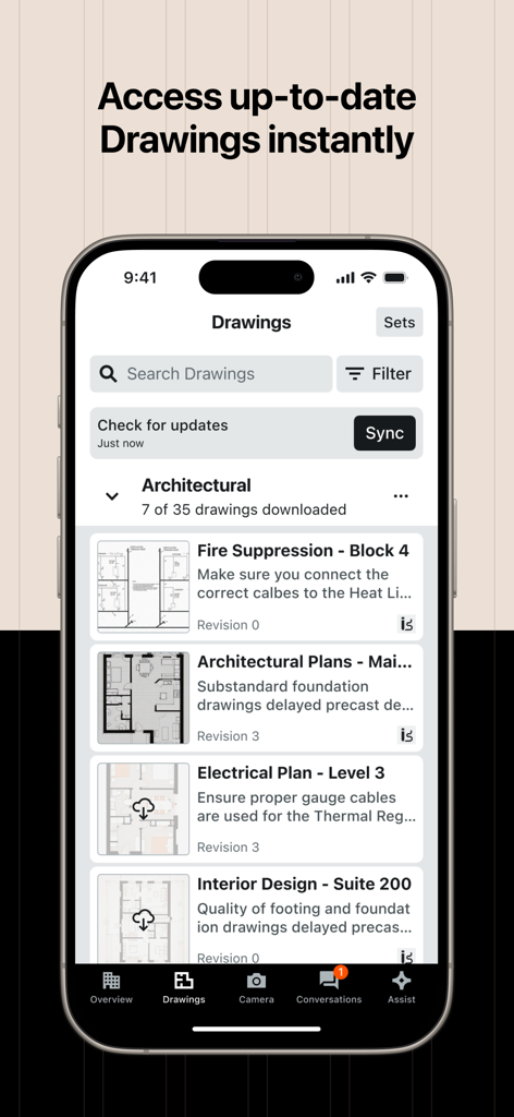 Procore mobile app interface showing architectural and electrical drawings for construction project management